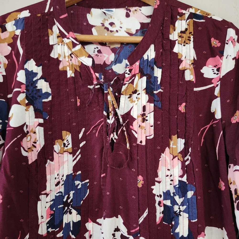 OLD NAVY Womens L Peasant Dress Maroon Floral Lace Up Pleated Boho Long Sleeve